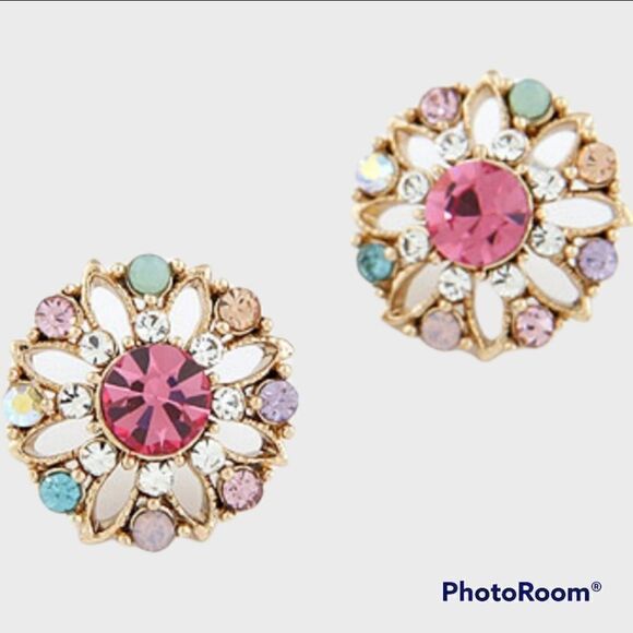 RHINESTONE FLOWER STUD EARRINGS - Picture 1 of 5